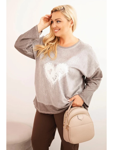 Kesi Włoski Women's Plus Size cotton sweatshirt with heart print and drawstrings brown