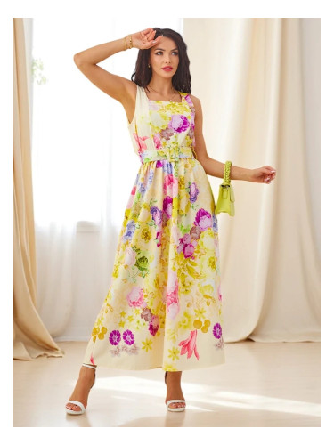 Resti Women's viscose midi dress with straps, featuring a belt in various floral prints
