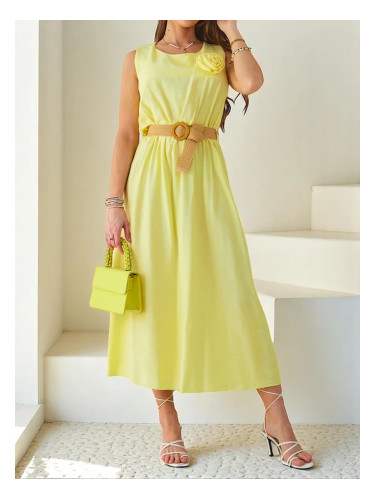 Resti Women's midi dress with straps, featuring a round neckline and decorative flower