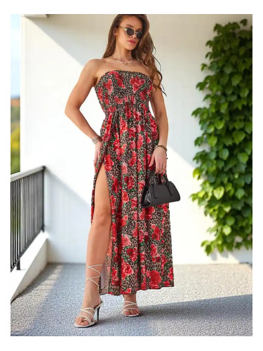 Resti Patterned women's midi dress without sleeves with a wide elastic band and slits at the bottom