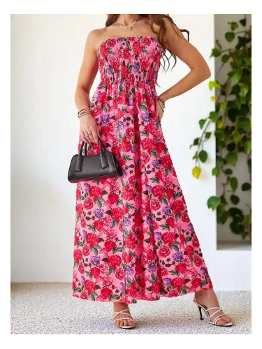 Resti Patterned women's midi dress without sleeves with a wide elastic band and slits at the bottom