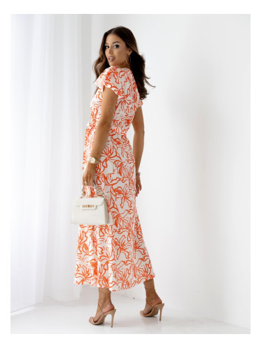 Resti Patterned Women's midi dress with short sleeves, a wrap neckline, and a belt
