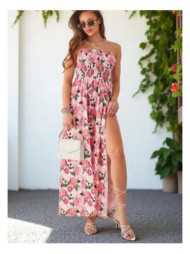 Resti Patterned women's midi dress without sleeves with a wide elastic band and slits at the bottom