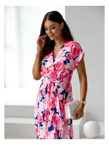 Resti Women's midi dress with short sleeves, wrap neckline in roses