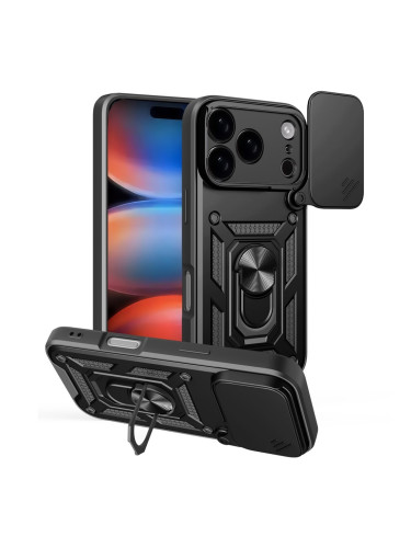 Силиконов твърд кейс bSmart Defender Slide, За iPhone 17 Pro / 18 Pro, Черен