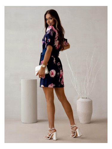 Resti Women's knee-length dress with puff short sleeves and a belt with beautiful roses