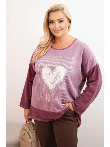 Kesi Włoski Women's Plus Size cotton sweatshirt with heart print and drawstrings dark pink