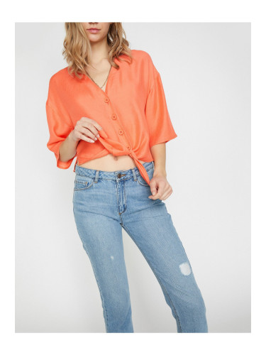 Koton Women's Red Short Sleeve V-neck Tie Waist Shirt