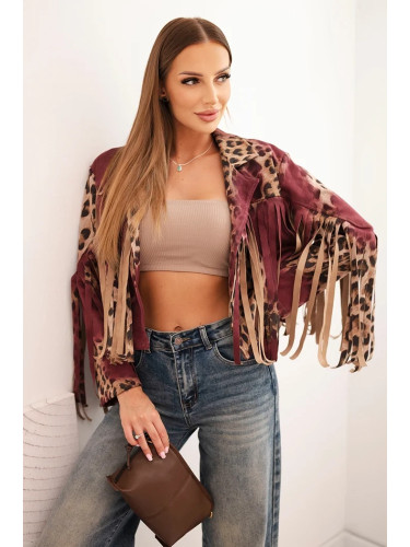 Kesi Włoski Women's suede jacket with leopard print and fringes burgundy