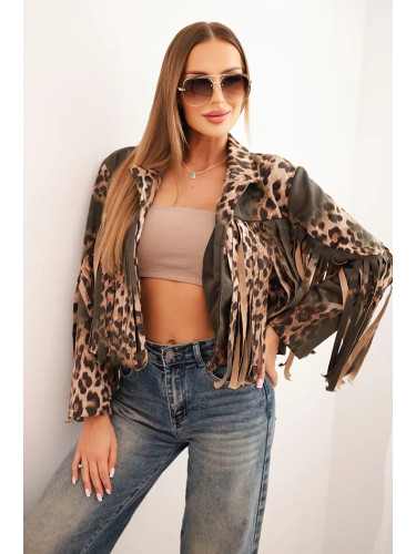 Kesi Włoski Women's suede jacket with fringes in leopard print khaki