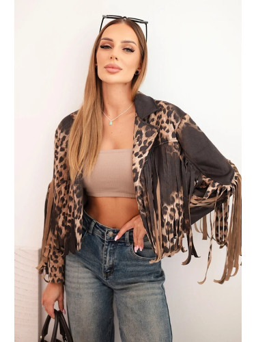 Kesi Włoski Women's suede jacket with leopard print and fringes black