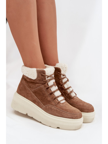 Кожени дамски зимни обувки с козина на платформа Vinceza