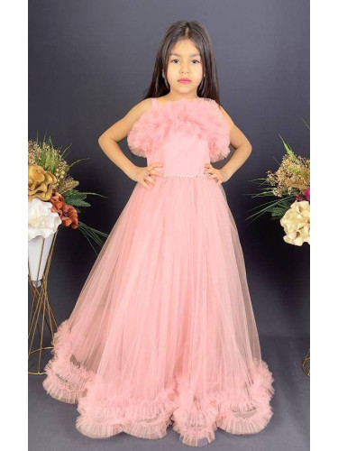 Официална детска дълга рокля Аделина в прасковено с тюл без ръкав и ха