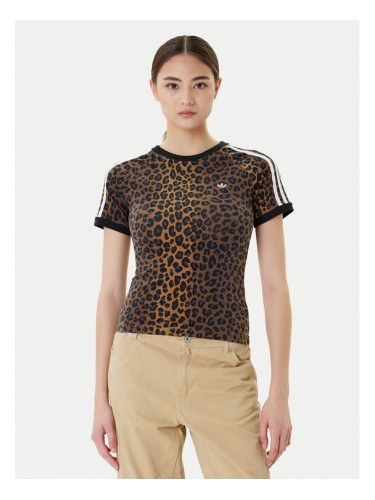 adidas Тишърт Leopard Cali JW7304 Кафяв Slim Fit