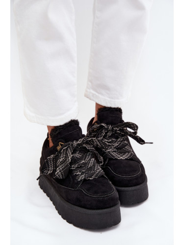 Boto Възхитителни дамски зимни боти с връзки на платформа топли с пух Черни Tavelle