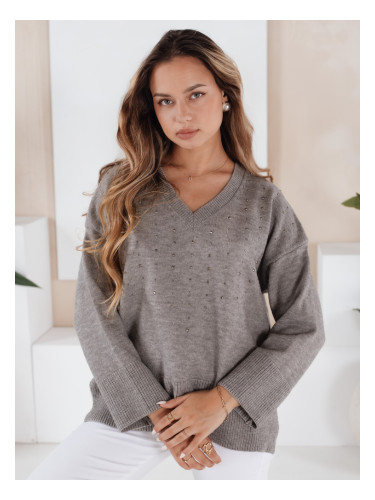 Дамски пуловер с V-образно деколте VERALIA сив