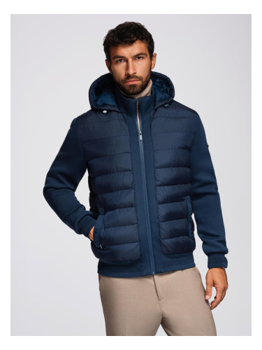 Ombre Quilted bomber jacket with hood and knitted sleeves - navy blue