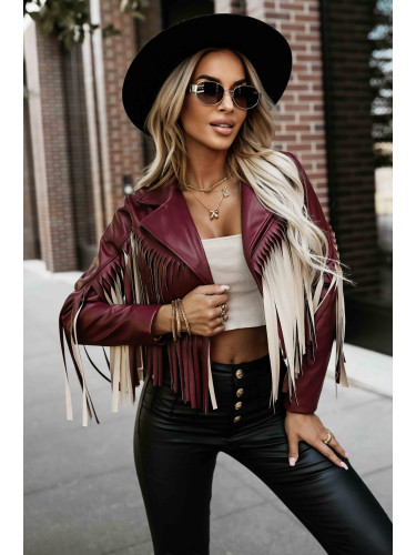 624-2 Short jacket with fringes made of soft eco-leather - burgundy