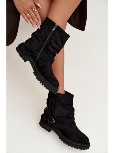 Boto Топли дамски боти с ресни и клари на равна подметка Черни Helianne
