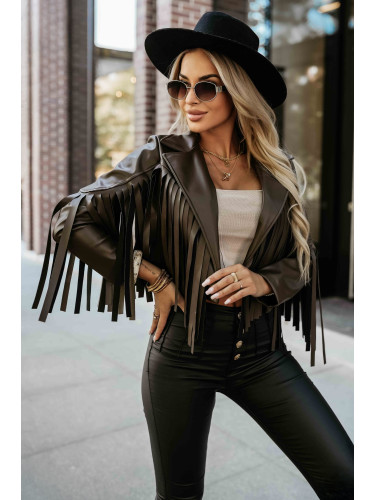 624-4 Short jacket with fringes made of soft eco-leather - chocolate