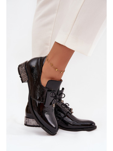 Лакирани дамски обувки на нисък ток с панделка Zazoo 1399 Черни