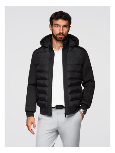 Ombre Quilted bomber jacket with hood and knitted sleeves - black