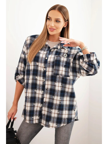 Kesi Włoski Women's cotton checkered shirt with a distressed effect blue