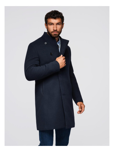 Ombre Men's coat with asymmetrical fastening and high collar - navy blue