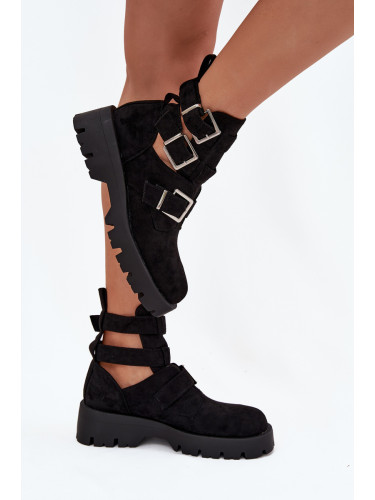 Boto Дамски боти с ремъци и сребърни щипки Черни Helisse