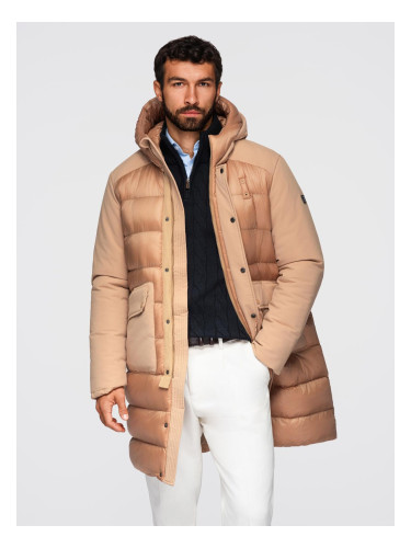 Ombre Men's long quilted jacket with large pockets - beige