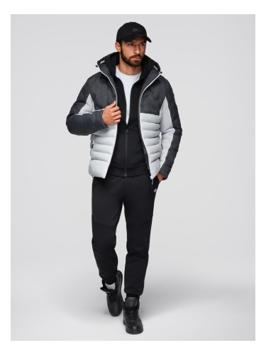 Ombre Men's quilted jacket with detachable hood - graphite and white