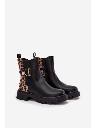 Boto Топли Ботуши Ботильони Дамски С Златен Детайл Пантерка Черни Присила