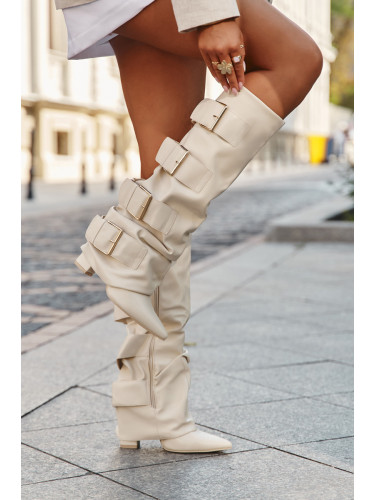 Boto Дамски боти на висок ток със завъртяна горна част и златни катараци светлокафяви Isavelle