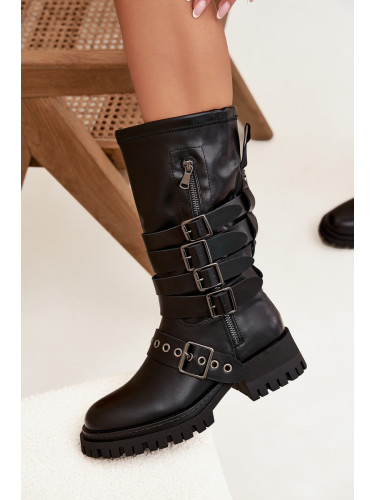 Boto Топли дамски ботуши с колани и катарами черни Ivaline