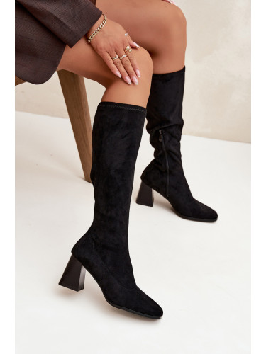 Boto Дамски ботуши на ток с бродерии черни Celandine