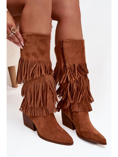 Boto Топли Кожени Ботуши Ковбойки Дамски С Плисета Camel Brivina