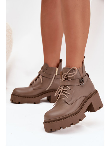 Кожени дамски боти на блок с декорационна лента с подплата Zazoo