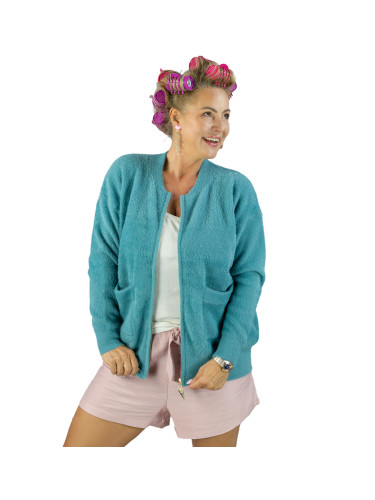 Pri Short cardigan unbuttoned sweater in fluffy knit fabric "COCO CHIC"