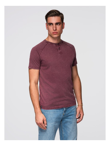 Ombre Men's T-shirt with wash effect and buttons at neckline - burgundy