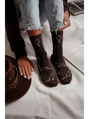 Milena Дамски памучни чорапи Контури на котка Шоколадови