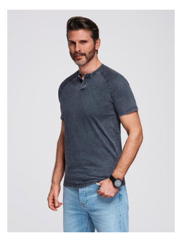 Ombre Men's t-shirt with wash effect and buttons at neckline - navy blue
