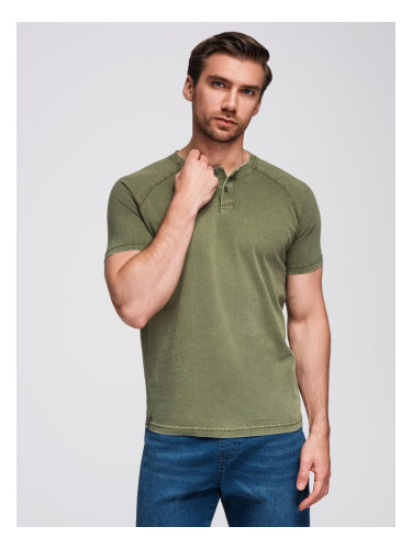 Ombre Men's t-shirt with wash effect and buttons at neckline - olive