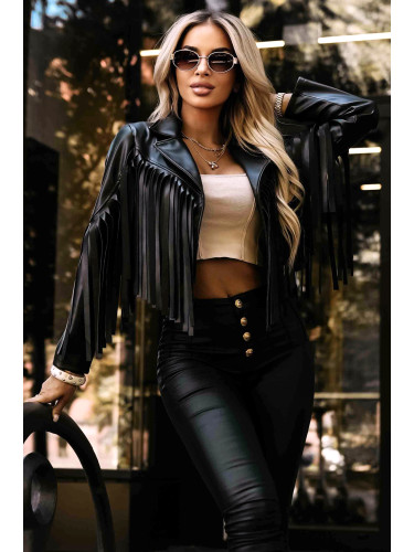 624-3 Short biker jacket with fringes made of soft eco leather - black