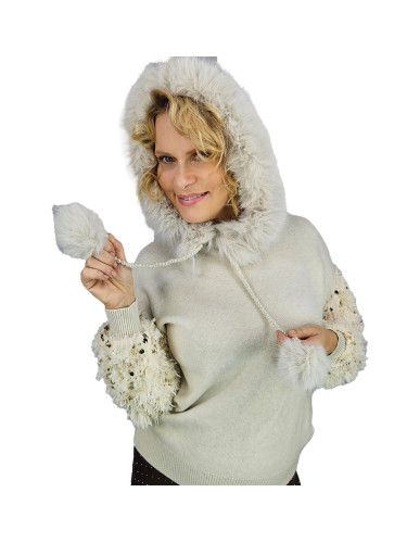 Pri Warm sweater sweatshirt with hood, detachable fur and feathers BOMBAY