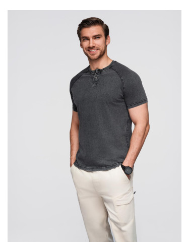 Ombre Men's T-shirt with wash effect and buttons at neckline - black