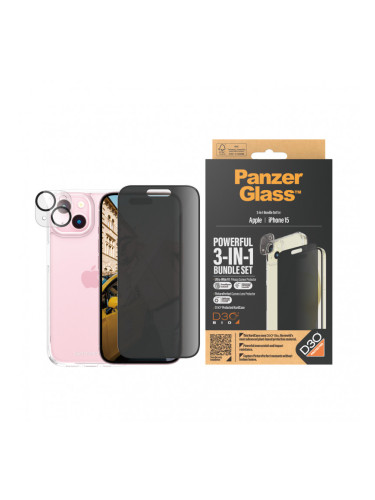 Стъклен протектор PanzerGlass за Apple iPhone 15 UWF Privacy Bundle (UWF Privacy screen protector, HardCase, протектор за камера)