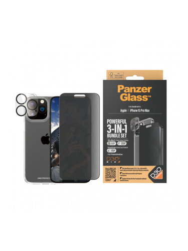 Стъклен протектор PanzerGlass за Apple iPhone 15 Pro Max UWF Privacy Bundle (UWF Privacy screen protector, HardCase, протектор за камера)