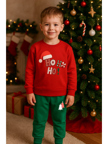 Детски коледен комплект от блузка в червено с надпис и панталонки в зе