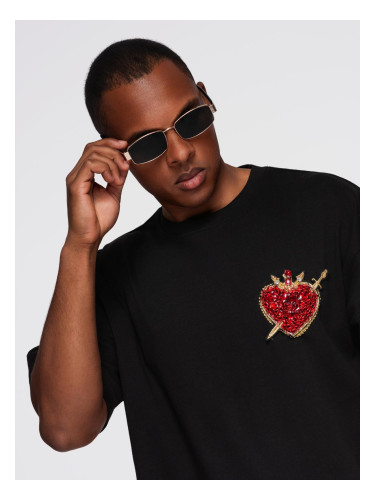 Ombre Men's cotton T-shirt with jewelry applique on chest - black