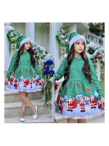 Детска официална коледна рокля с дълъг ръкав в зелено с коледна шапка 